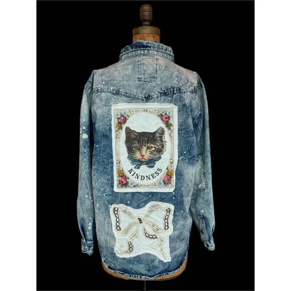 Upcycled/Reworked Denim Jacket| Vintage Heron, Cat, & Bow Patchwork| Boho| Large - Picture 2 of 13